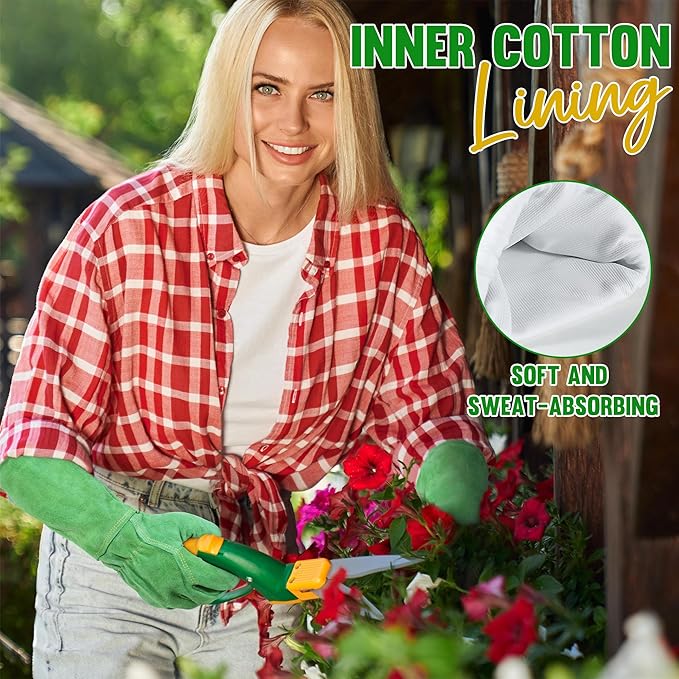 HANDLANDY Leather Gardening Gloves, Thorn Proof Long Gauntlet Heavy Duty Garden Gloves, Elbow Length Rose Pruning Weeding Yard Glove (Small, Green)