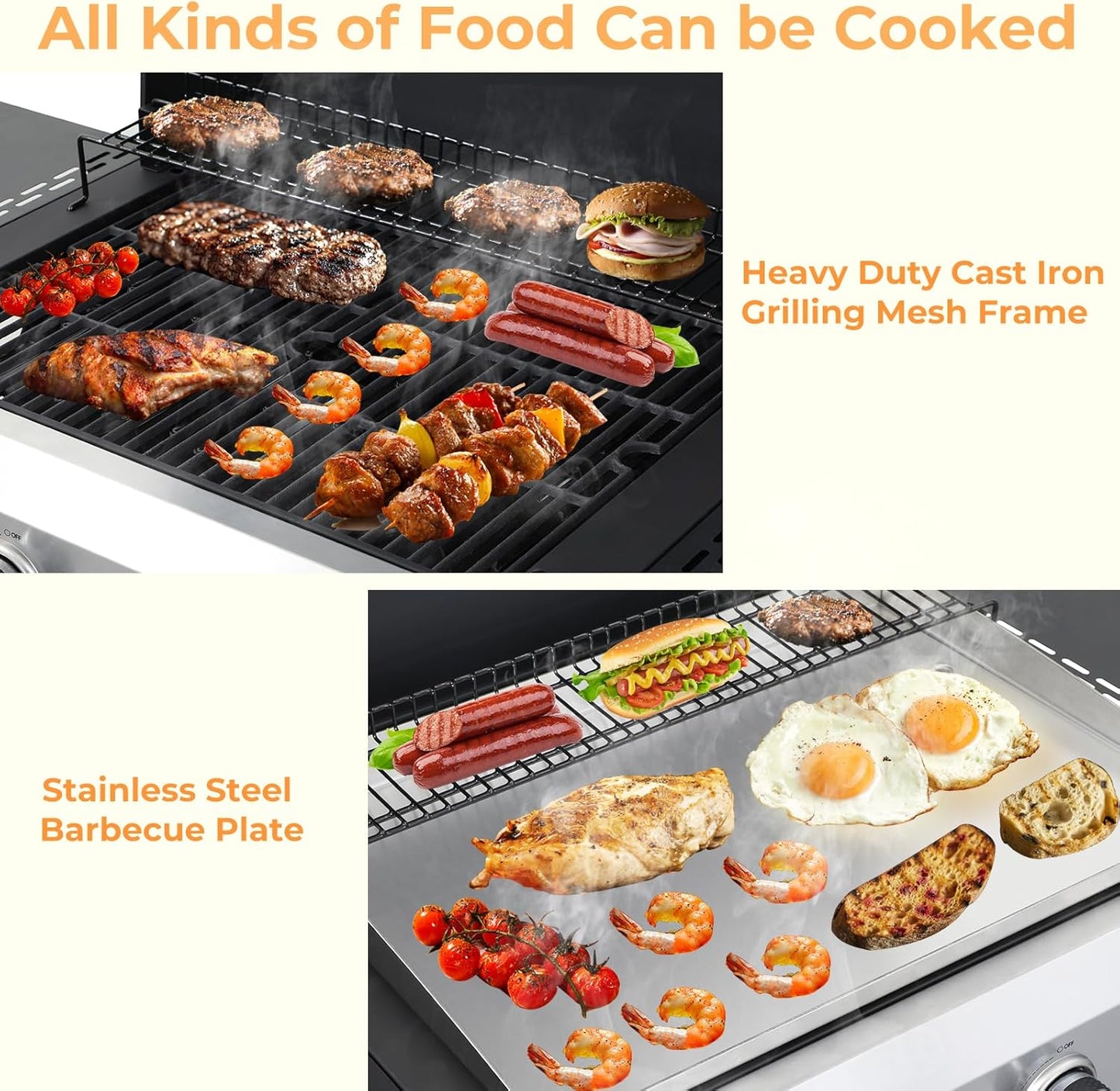 4 Burner Propane Grill with Built-in Thermometer, Durable Lid, Wheels, Foldable Side Tables, Stainless Steel Grilling Pan, 49,200 BTU Gas Grill for Patio, Garden Barbecues