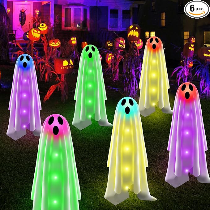 6PACKS Halloween Ghost Decorations Outdoor,Spooky Cloth Ghosts Decor for Halloween Scary Party Gifts,Solar Halloween Ghost Lights for Yard/Lawn/Patio/Holiday/Porch Decor