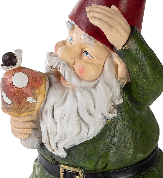 Alpine Corporation 12" Tall Outdoor Garden Gnome with Mushroom Yard Statue Decoration