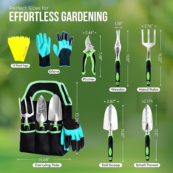 23-Piece Gardening Tools Set with Bag – Heavy-Duty Rust-Proof Hand Tools with Plastic Handles Includes 15 Plant Tags – Ideal Gift for Women, Men, Mom, Dad & Gardeners