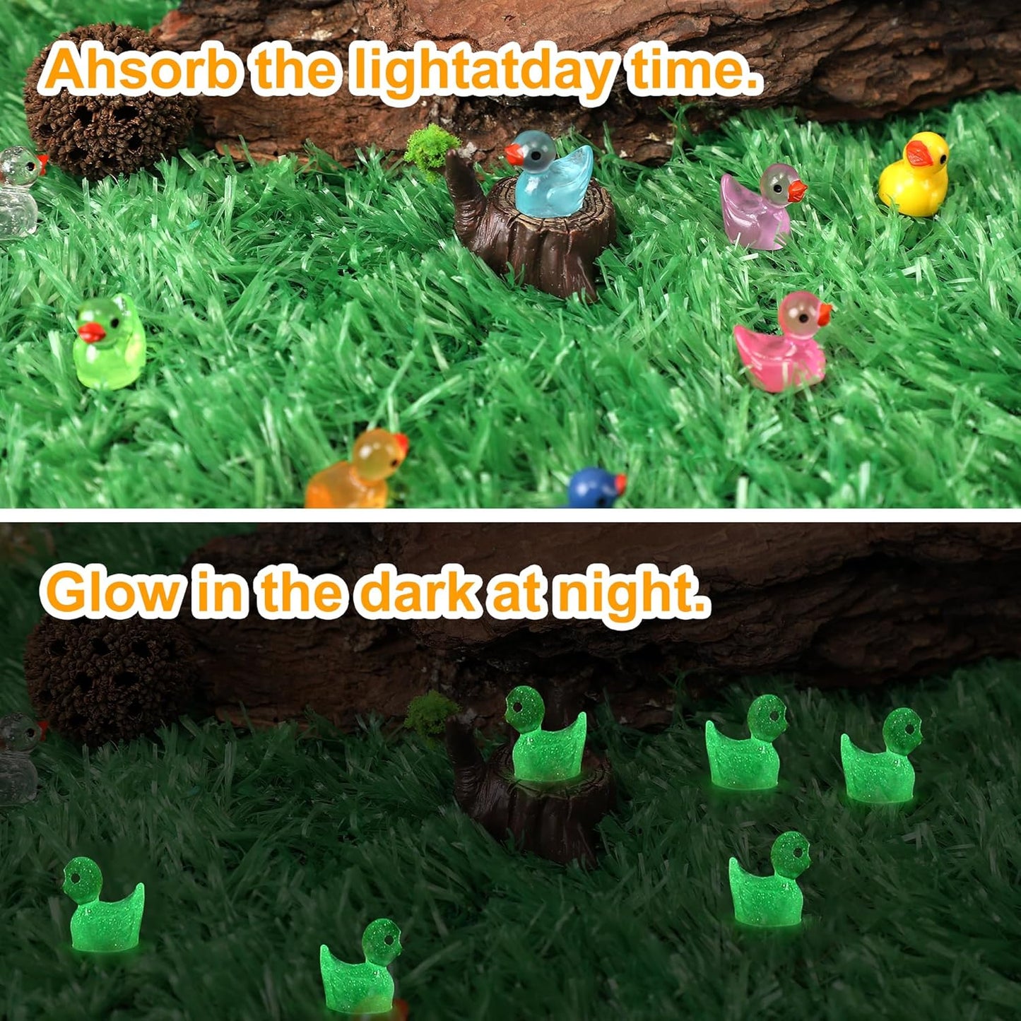 90 Pack Tiny Ducks Little Mini Resin Animals Figures Glitter Plastic Small Duck Glow in The Dark Miniature Garden Figurines Bulk for Micro Fairy Garden Hide Landscape Accessories Decor Aquarium