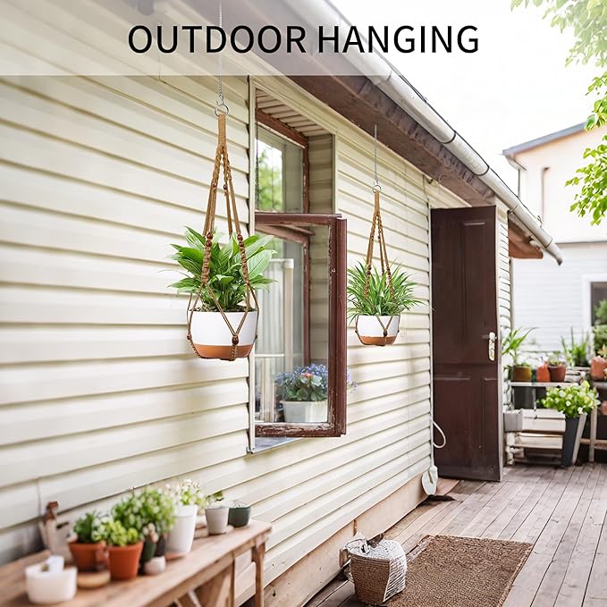 43 Inch Macrame Plant Hanger - Fits 6-15 Inch Pots, Extra Long Hanging Planter Holder for Indoor Outdoor, with Red Wood Beads, Boho Home Decor, 2 Pack, Brown (POTS NOT Included)