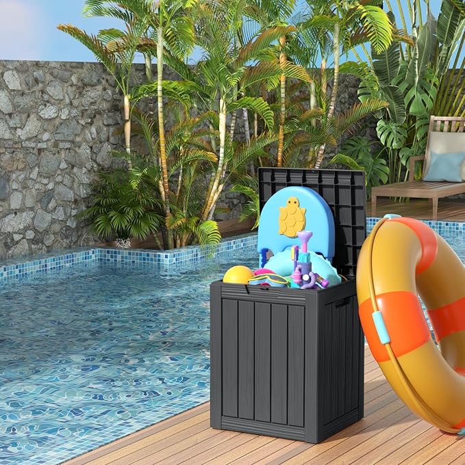 28 Gallon Resin Deck Box, Lockable Patio Outdoor Storage Box for Furniture, Garden Tools and Tools Storage, Waterproof Outside Storage Boxes - Black