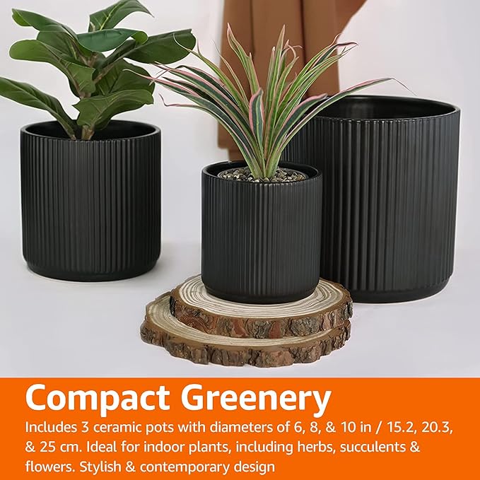 Amazon Basics Assorted Sizes Fluted Ceramic Round Planters, Set of 3, 6 inch, 8 inch, 10 inch, Black