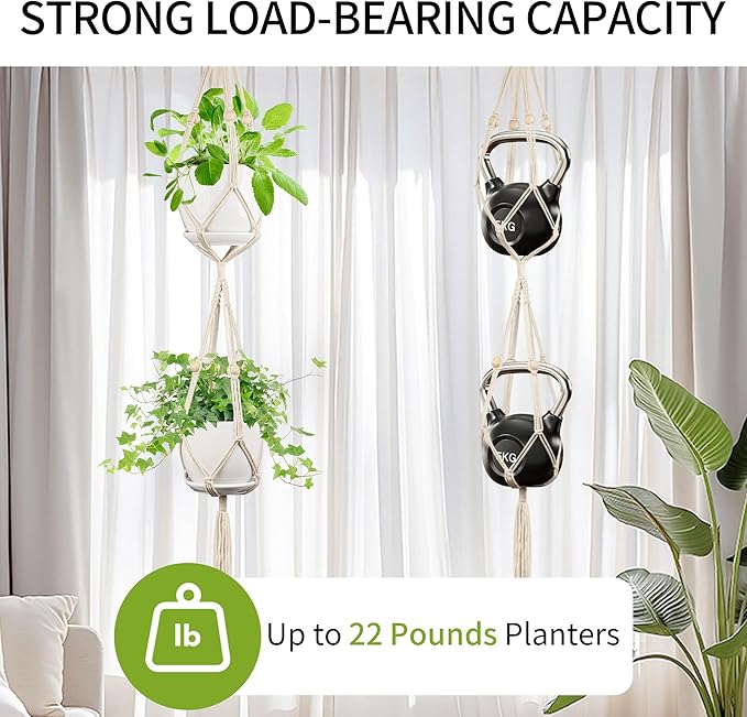 2 Pack Macrame Plant Hanger, 49 Inch, Fits 4-8 Inch Pots, 2 Tier Indoor Outdoor Hanging Planter Basket Flower Pot Holder, Boho Home Decor, Ivory (POTS NOT Included)