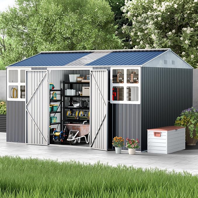 12x10 FT Metal Sheds & Outdoor Storage: Heavy Duty Garden Sheds with Dual Transparent Panels, 2x4-Pane Windows & Hinged Double Doors, Weatherproof Tool Shed for Backyard, Garden, Patio, Grey/White