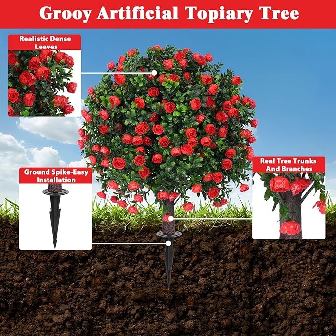 Artificial Boxwood Topiary Tree with Rose, Set of 2 Artificial Shrub Bushes with Ground Spike, Fake Evergreen Tree for Porch, Artificial Plants for Outdoor Planters Indoor UV Resistant