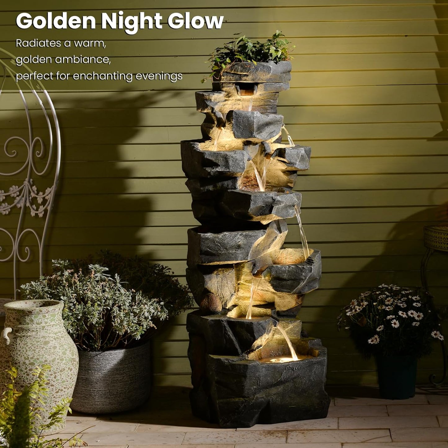 58Inch Outdoor Garden Water Fountain 6 Tiers Large Cascading Rock Natural Waterfall Outdoor Fountain with LED Lights for Patio Porch Backyard Home Art Decor