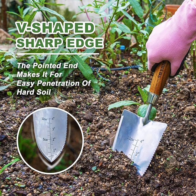 Haliaeetus Garden Trowel with Serrated Edge, 4'' Depth Marks Planting Shovel, V-Shaped Sharp Edge Garden Shovel, Stainless Steel Hand Shovel with Comfortable Wood Handle for Planting and Weeding