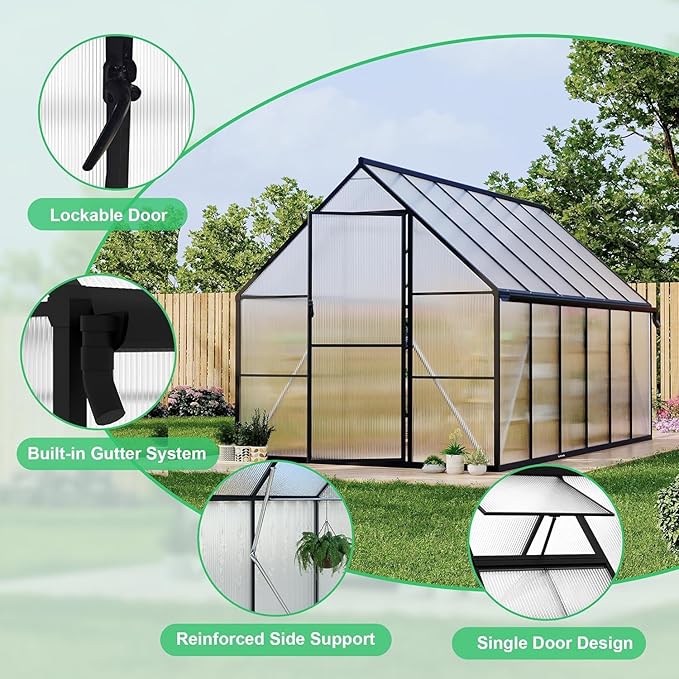 Greenhouse 8x10 FT Aluminum-Framed Heavy Duty Polycarbonate with Quick Setup Structure and Roof Vent, Large Enhanced Outdoors Green House Kit