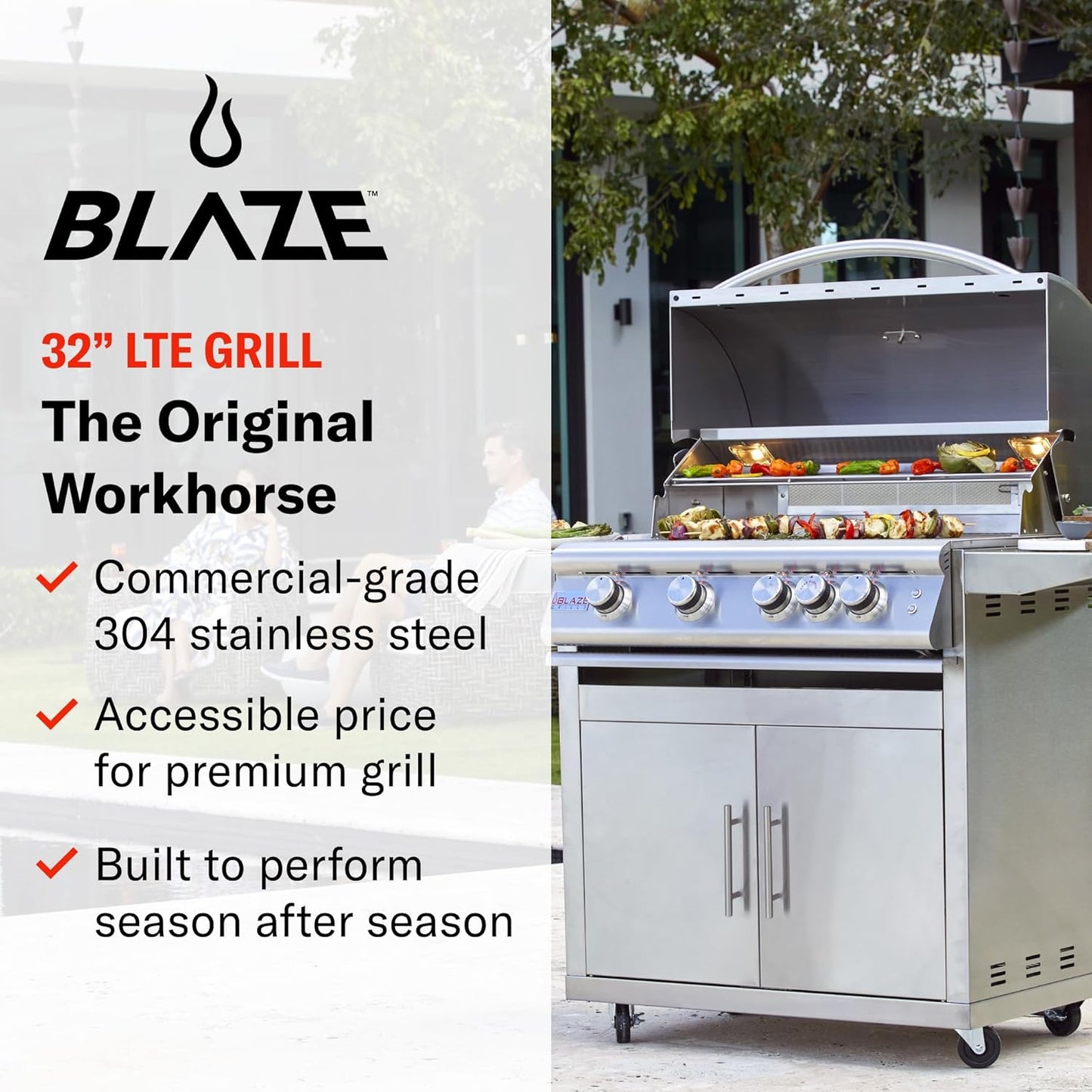 Blaze Outdoor Grill | 32-Inch Stainless Steel Propane BBQ Grill | 4 Burner Barbecue | Premium Outdoor Kitchen Grilling | Rear Infrared Burner & Grill Lights | BLZ-4LTE2-LP
