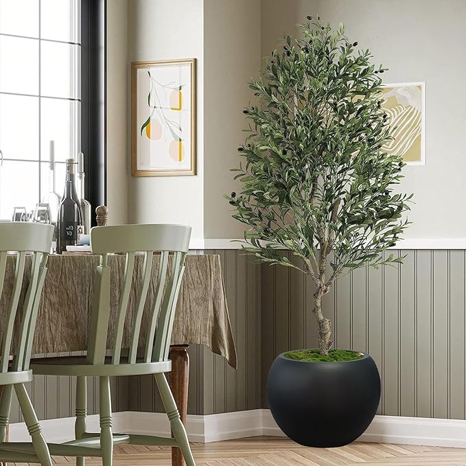 13.5 H x 17" Dia (12" Pot Opening) Round Fiberstone Planter with Drainage Hole, Black, Indoor/Outdoor Large Plant Pot for Home Patio Garden, Ideal for Large Plants