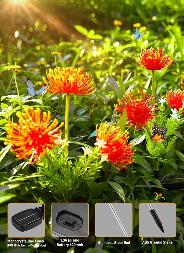 Brightown Outdoor Solar Garden Lights - 4 Pack LED Flower Lights with Glowing Flowers & Stems, Realistic, Bigger Solar Panel, Waterproof for Outside Yard Patio Home, Red