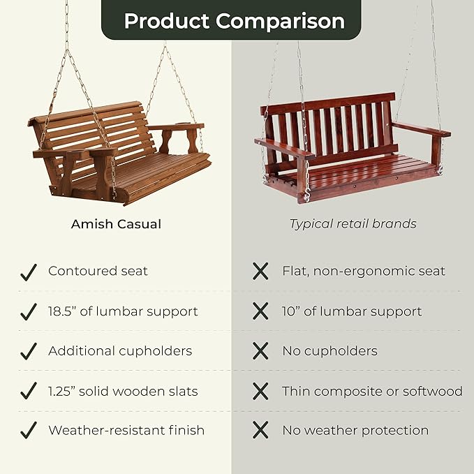 Amish Casual 5 Foot Roll Back Porch Swing with Cup Holders in Oak Stain - Amish Made in The USA from Treated Pine Heavy Duty 700 Lb. Weight Capacity