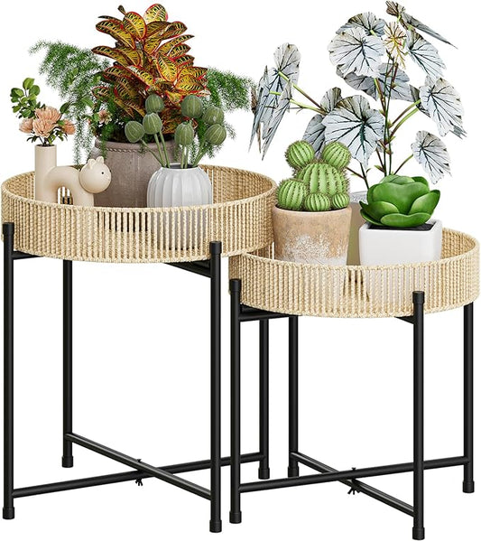Bamworld Plant Stands Set of 2 Tall Plant Stand Indoor Rattan Plant Table for 5 Pots Plants Round Flower Stand Outdoor for Home Decor Balcony Patio