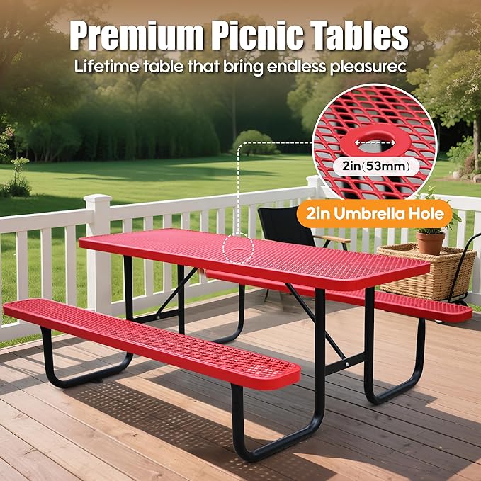 6FT Metal Picnic Tables for Outdoors, Commercial Rectangular Picnic Table and Bench Set for Outside, Patio, Garden, Backyard, Porch, Surface Mount, Red