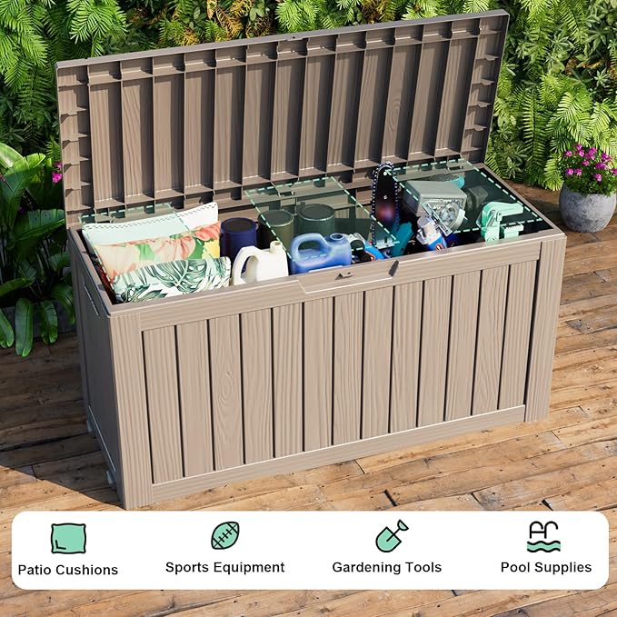 75 Gallon Waterproof Outdoor Storage Box,Resin Deck Box,Lockable Outside Storage Box Container for Patio Furniure,Garden,Pool Tools (75 Gallon,Grey)