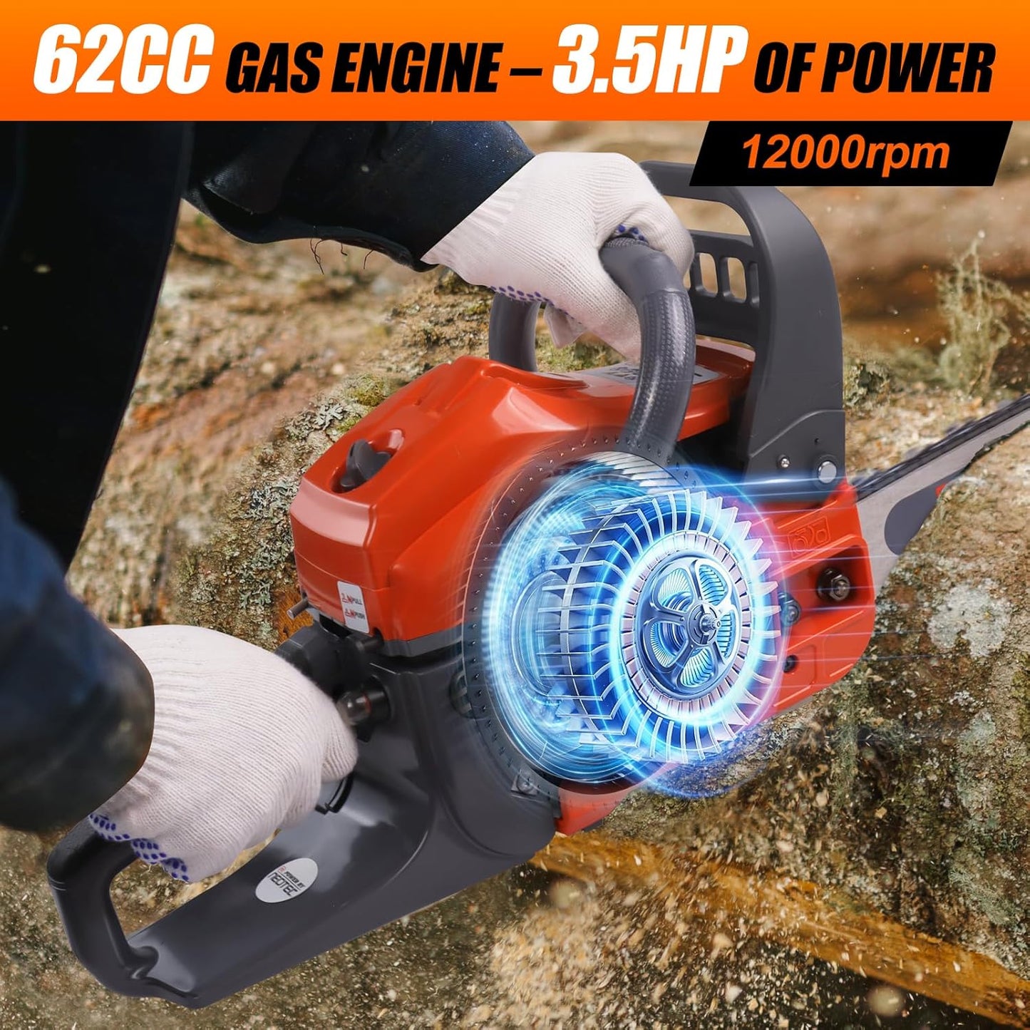 62CC 2-Cycle Gas Powered Chainsaw, 20 Inch Handheld Cordless Petrol Gas Chainsaw for Backyard Storm Cleanup Tree Wood Firewood Cutting