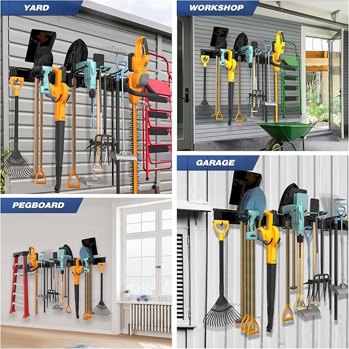 Garage Tool Storage Rack, Heavy Duty Garage Storage Organizer Rack System Wall Mounted Tool with 12 double hooks, 4 rails Garden Tool Rack