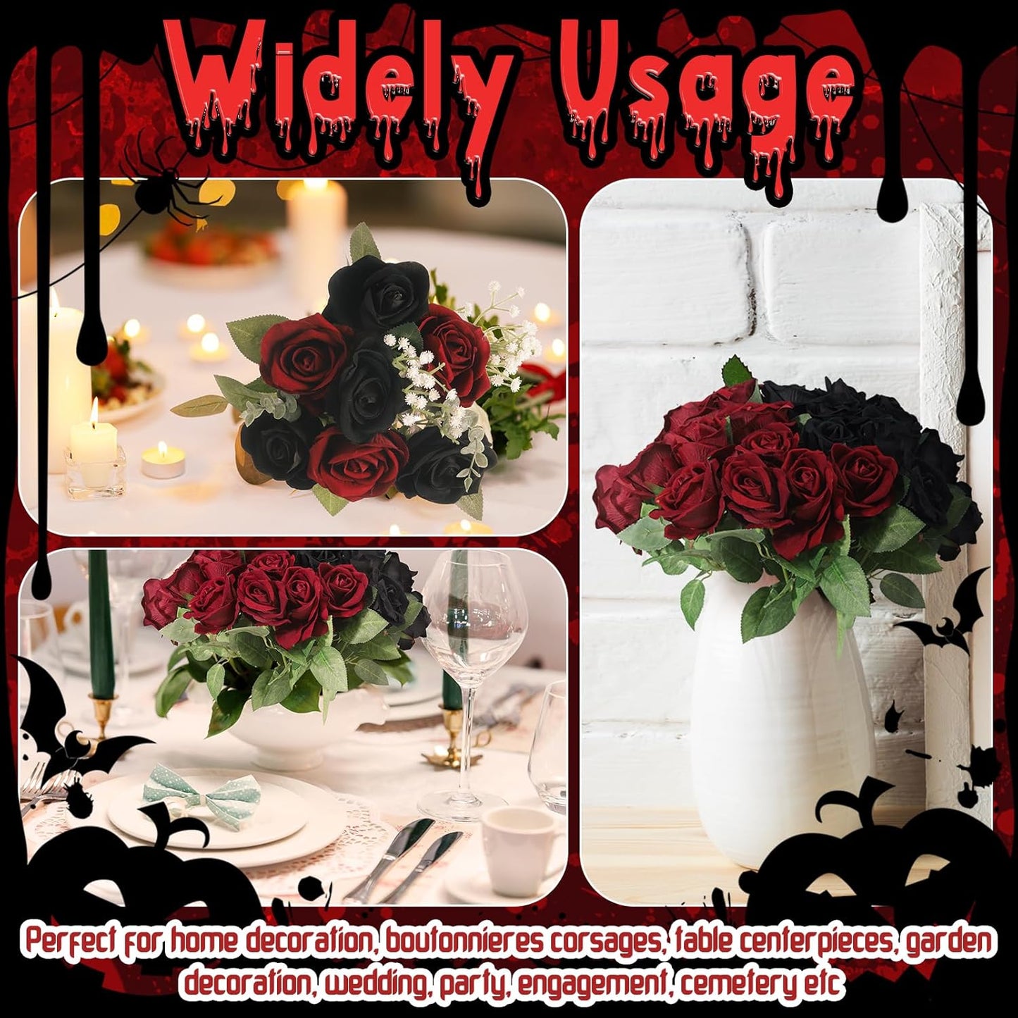 36 Pcs Silk Black Red Rose Bouquet Bridal Artificial Flowers,Fake Rose Long Stem Realistic Artificial Flowers Bulk for Wedding Bouquet Ball Arrangement Centerpiece Party Decor
