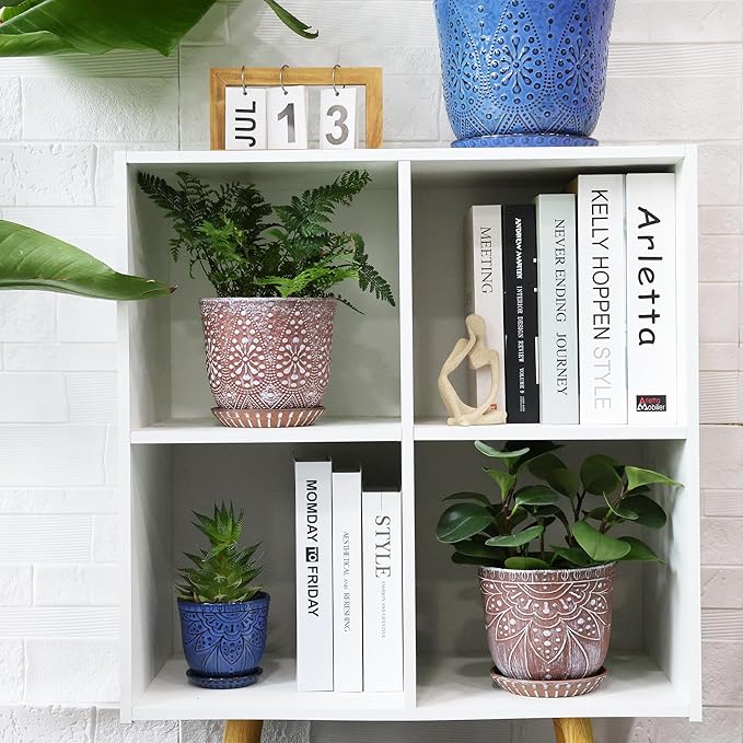 Gepege 6 Inch Beaded Ceramic Planter Set of 2 with Drainage Hole and Saucer for Plants, Indoor-Outdoor Large Round Succulent Orchid Flower Pot