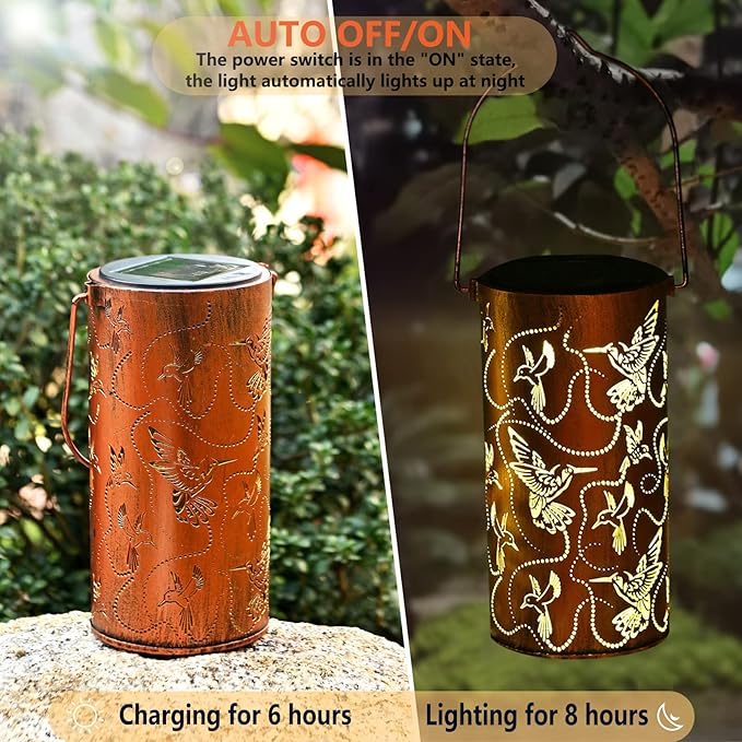 2 Pack Solar Lanterns Outdoor Hanging Hummingbird Decor Lantern,Waterproof Hollow Out Metal Decorative Garden Light,Graceful Decoration for Patio,Yard,Landscape,Festival