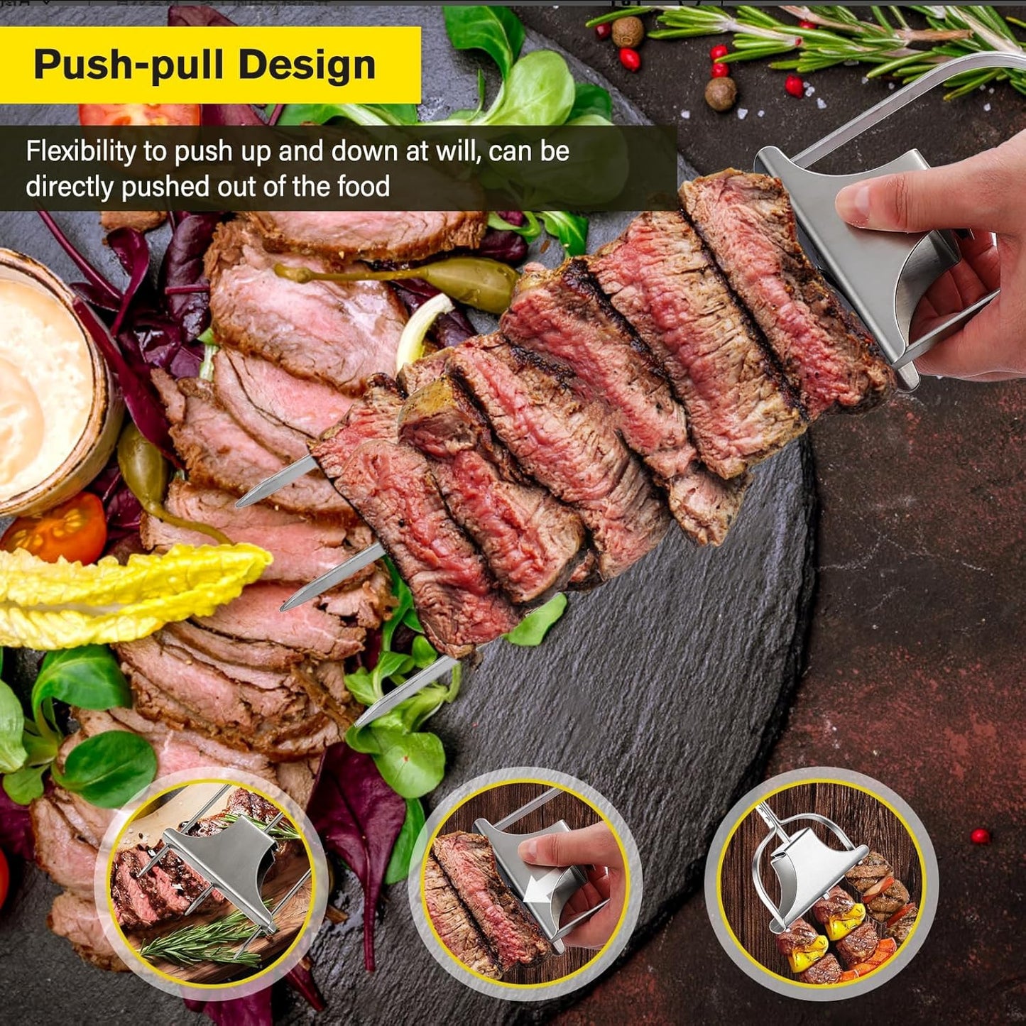 6PCS Kabob Skewers for Grilling, 14'' Stainless Steel 3-prong Metal Kebab Grill Skewers with Push Bar Slider, Skewer Sticks for Meat Veggies Shrimp Marshmallows Fruits, BBQ Barbecue Accessories