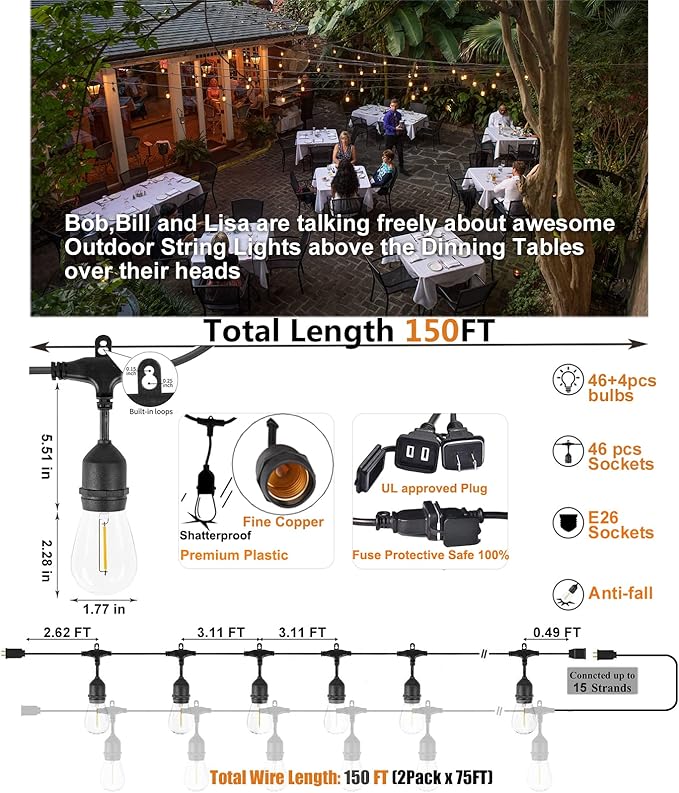 Achin Outdoor String Lights 150 Feet LED Waterproof Patio Lights with 50 Shatterproof Dimmable Warm Edison Bulbs String Lights for Outdoor Gazebo Bistro Wedding Birthday Party Lights, Connectable