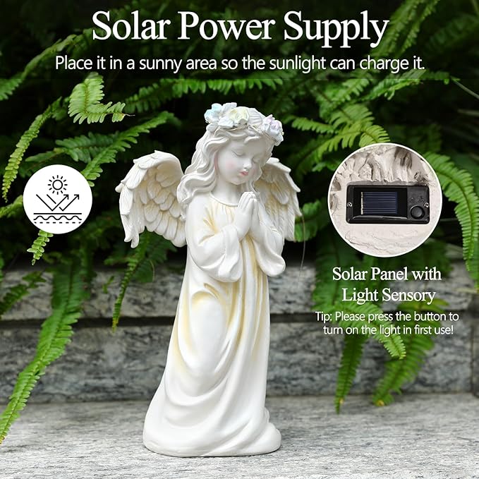 2pcs Angel Garden Statue, Warm Light Solar Garden Decor,Waterproof Outdoor Garden Decor Praying Angel Figurine Sculpture for Mom or Birthdays, Lawn Yard Patio, Sympathy Gift, White