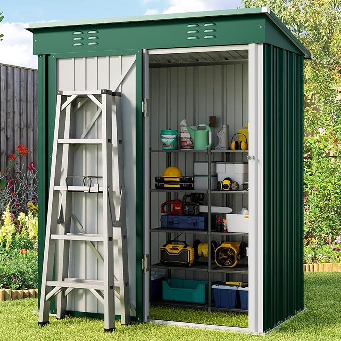 Gizoon 5' x 3'Outdoor Storage Shed with Singe Lockable Door,Galvanized Metal Shed with Air Vent Suitable for The Garden,Tiny House Storage Sheds Outdoor for Backyard Patio Lawn-Green
