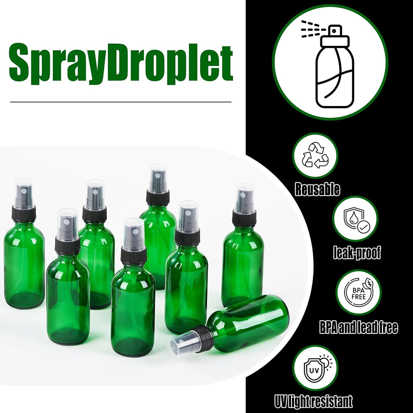 2 oz Glass Spray Bottles, Reusable Fine Mist Sprayer Small Spray Bottle, Leak-Proof Design, Perfect for Travel, Skin Care, Perfumes, Botanical, Cleansing (Green, 2oz-12pcs)