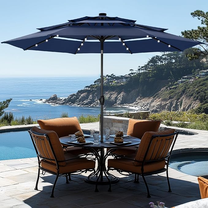 GREEN PARTY 10ft Outdoor Patio Umbrella, Auto-Tilt Market Table Umbrellas with Crank, 8 Sturdy Ribs & 1.5" Pole UV Protection for Garden Deck Backyard Pool