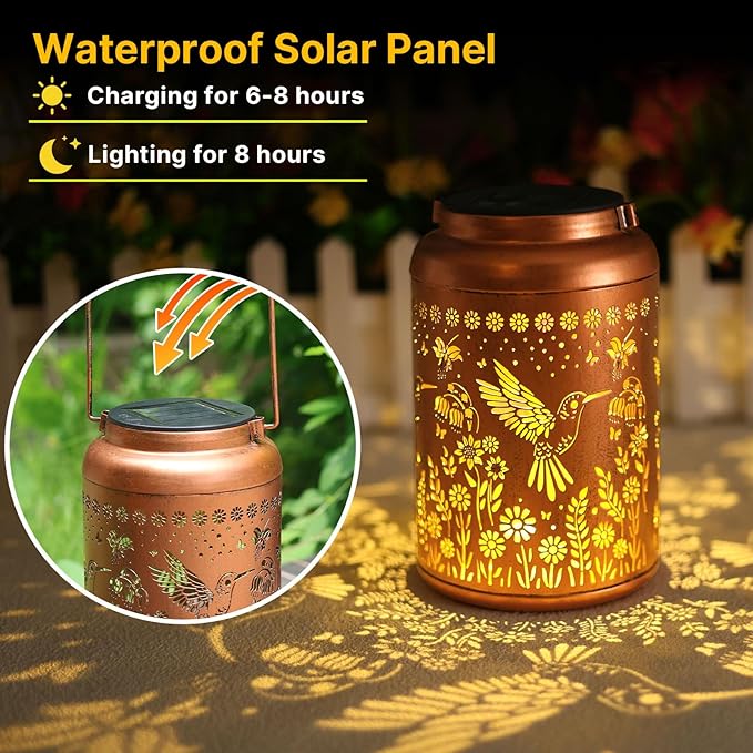 2 Pack Hummingbird Solar Lanterns Outdoor Waterproof Hanging Solar Lights Metal Decorative LED Lanterns Outside Decor for Garden,Yard,Patio,Lawn Gifts for Women Mom