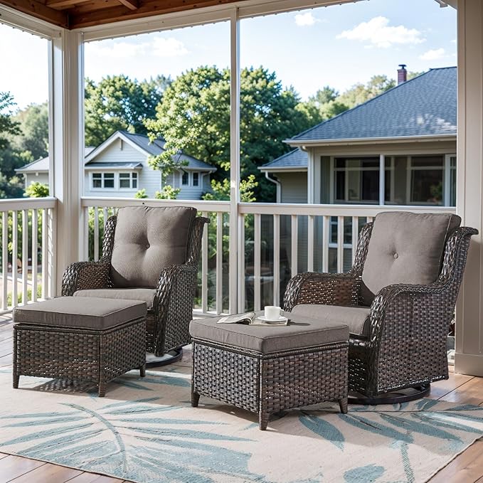 4 Pieces Patio Furniture Sets, Wicker Patio Swivel Glider Chair with Ottomans, Outdoor Furniture Set for Outside Porch, Deck, Balcony, Garden