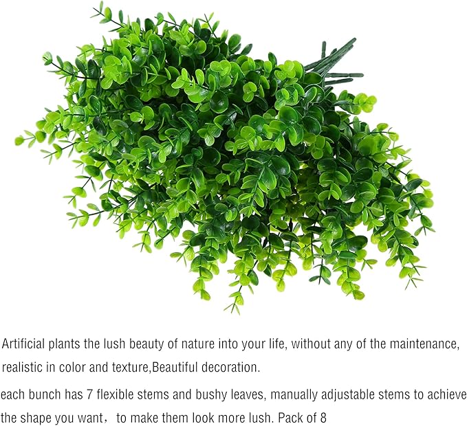 Artificial Plants Flowers Grass Shrubs 8 Pack No Fade Faux Plastic Flowers Outdoor for Farmhouse Garden Porch Patio Indoor Wedding Decoration Greenery Fake Plants uv Resistant (1#Green)