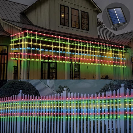 32.8 * 3.28FT Large Size Solar Curtain Lights Outdoor, 8 Modes Icicle Lights, Solar Garden Christmas Decortions for Patio, Gazebo, Eaves, Fence, Tree, Porch (Multicolor)