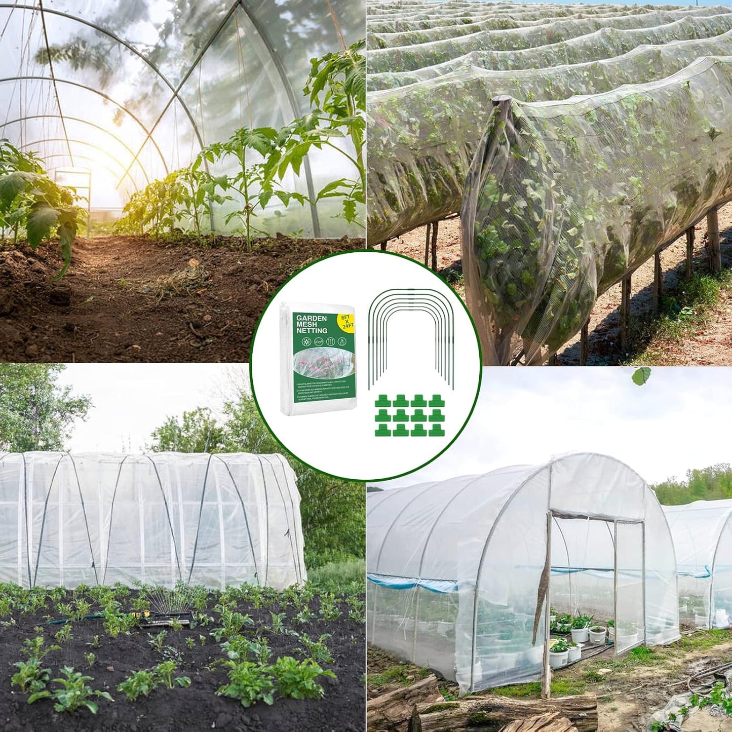 Garden Mesh Netting Kit - 8x24 Ft Ultra Fine Mesh Netting with 6 Sets Garden Hoops & 12 Clips, Bird Protection for Fruit, Vegetable, Flowers & Animals, Greenhouse Cover