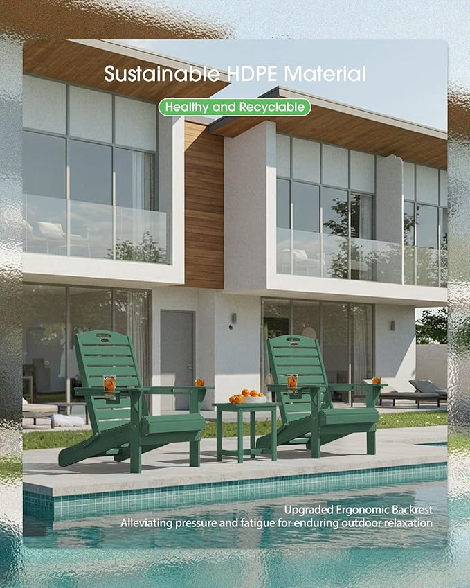 Adirondack Chairs Set of 2, Outdoor Fire Pit Chairs, HDPE All-Weather Adirondack Chairs with Cup Holder, Lawn Chair for Deck, Patio, Garden (Green)