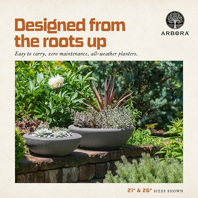 ARBORA 26" Santorini Bowl Polyresin Indoor and Outdoor Planter with Stone Blend Concrete Gray Finish - Durable, Weatherproof, Lightweight, Large Plant Pot for Patio, Garden, Deck, Entryway