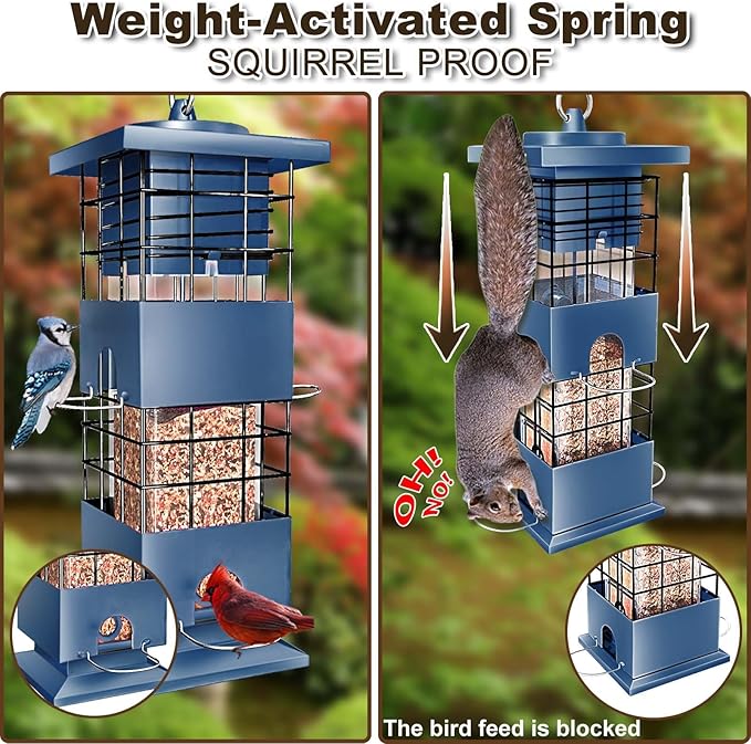 Bird Feeder 3LBS Metal Anti-Squirrel Wild Birdseed Feeder for Finch Cardinal Blue Jay Outdoors Hanging (Blue)