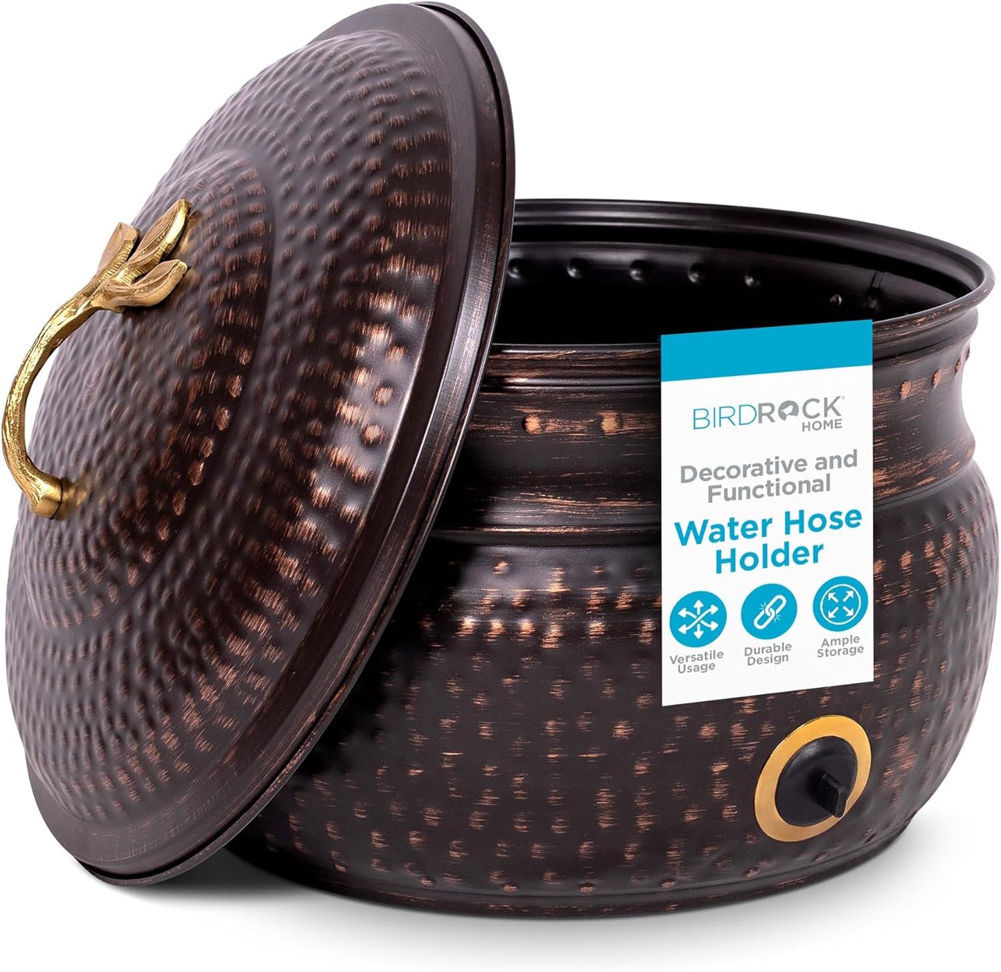 BirdRock Home Water Hose Holder - Decorative Metal Pot, Indoor or Outdoor, Garden Storage Organizer, Patio Portable Bucket - Distressed Bronze, Holds up to 200ft Hoses, Large with Lid