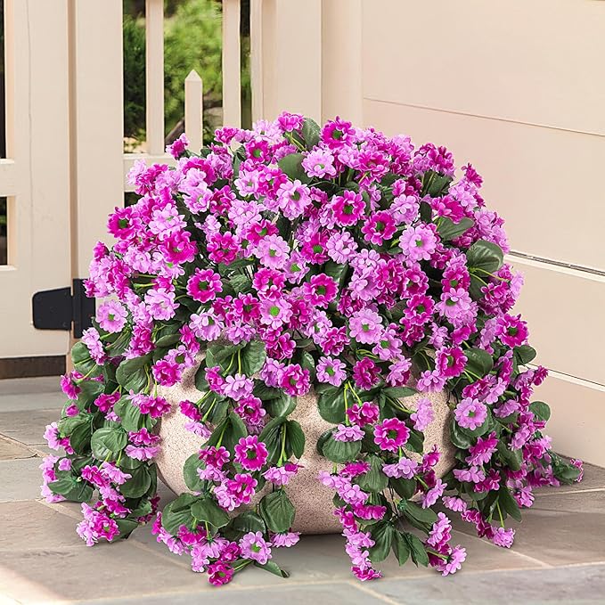 Hanging Baskets Artificial Flowers for Outdoor Interior Decor, Artificial Daisies Flowers Shrubs Plants with Baskets for Home Porch Garden Patio Spring Summer Decoration(Double Lotus)