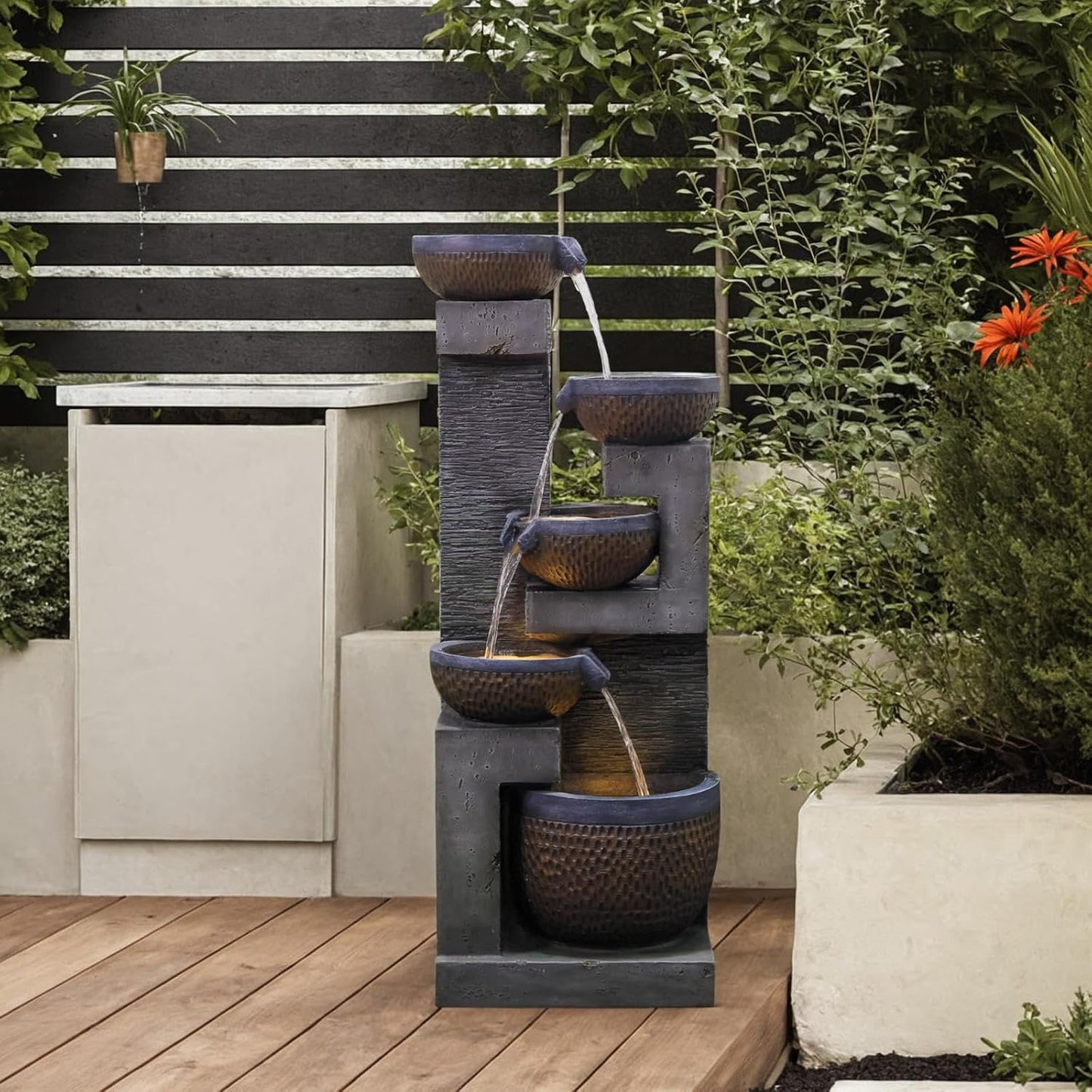 50" H Large Garden Fountains Outdoor, 5-Tier Cascading Rustic Style Bowl Water Fountain and Waterfall Feature with Light and Pump for Garden, Patio, Deck, Porch, Home Décor, Gray&Brown