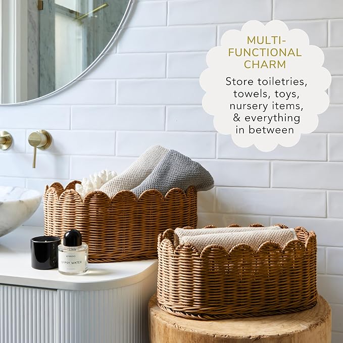 BEBE BASK Premium Scalloped Basket Set Of 2 - Scallop Basket - 16 x 10 x 7 Inch - Hand-Woven Elegant Wicker With Scalloped Edge - Nursery Storage (Mocca)