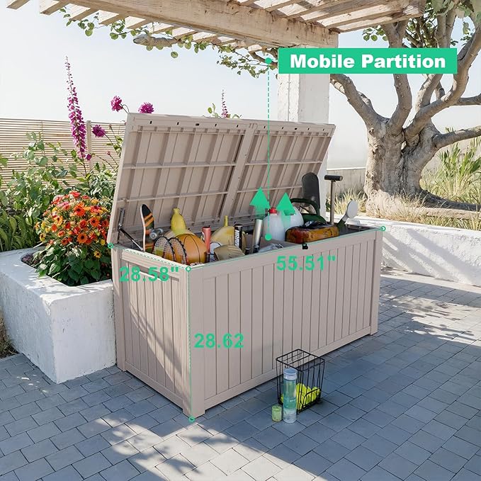 180 Gallon Outdoor Deck Box,Storage Lockable Waterproof Patio Furniture,Garden Tools,Cushions,Pool Accessories Outside Storage Resin Box(Grey)