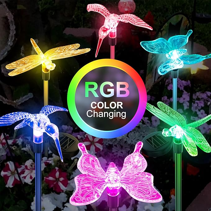 Anordsem Solar Lights Outdoor Decorations: Garden Stake Light Waterproof for Yard Decor Outside - LED Dragonfly Hummingbird Butterfly Lamp for Patio Pathway Home