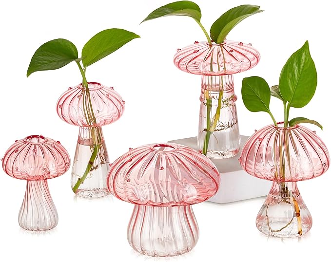 Glasseam Mushroom Plant Propagation Stations: Pink Glass Terrarium Jar Set of 5 Cute Planters for Indoor Plants Decorative Propagate Vase Unique Gifts for Women Home Office Decor
