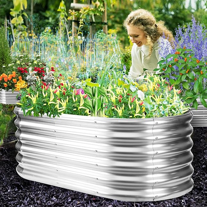 17" Tall Outdoor Garden Raised Garden Bed Kits, 4ft X 2ft Oval,0.8MM Thick Metal Raised Planter Bed/Ground Planter Box for Variety of Flowers,Herbs,Vegetables (Silver, 48X24X16.5 Inches)