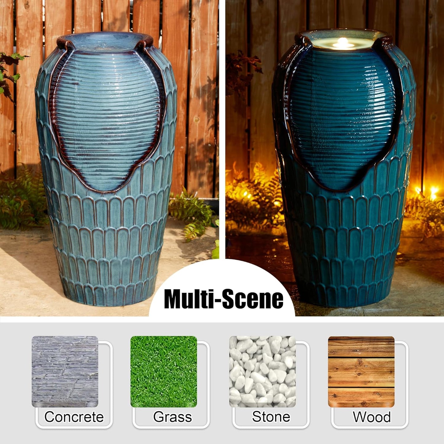 Glitzhome 28.25" H Oversized Ceramic Petals Textured Jar Outdoor Water Fountain, Vintage Turquoise Glaze Vase Patio Garden Waterfall Fountain with LED Light and Submersible Pump